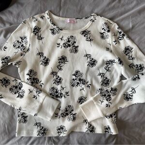 Pink Lily Black and White Floral Ribbed Long Sleeve Top